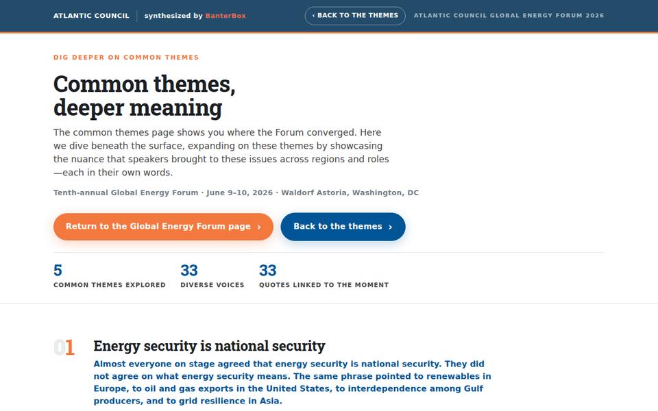 The deep-dive page, headed "Common themes, deeper meaning", showing five themes explored, thirty-three diverse voices and thirty-three quotes linked to the moment.