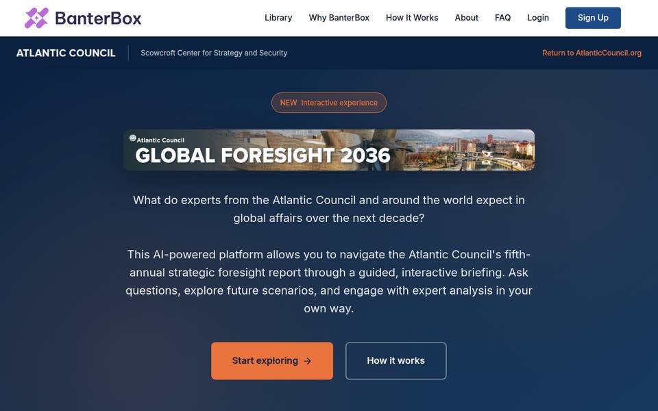 The Global Foresight 2036 briefing: an Atlantic Council-branded interactive page inviting the reader to ask questions of the Council's fifth-annual strategic foresight report.